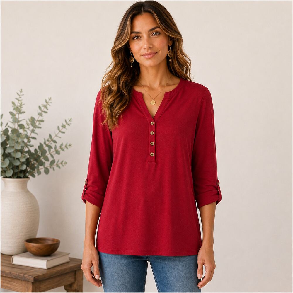 Susan Graver Liquid Knit Blouse Women's Size M Red 1/2 Button-Up Office Casual